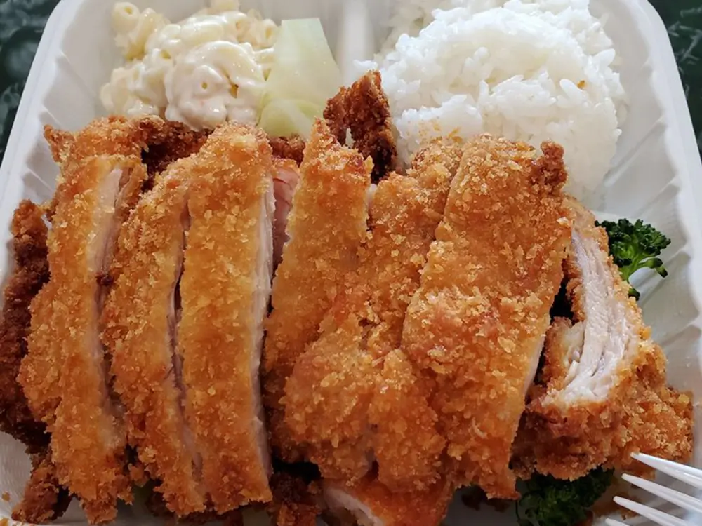 Golden chicken katsu slices with macaroni salad at Yummy Hawaiian BBQ, a Hawaiian Restaurant in Antioch