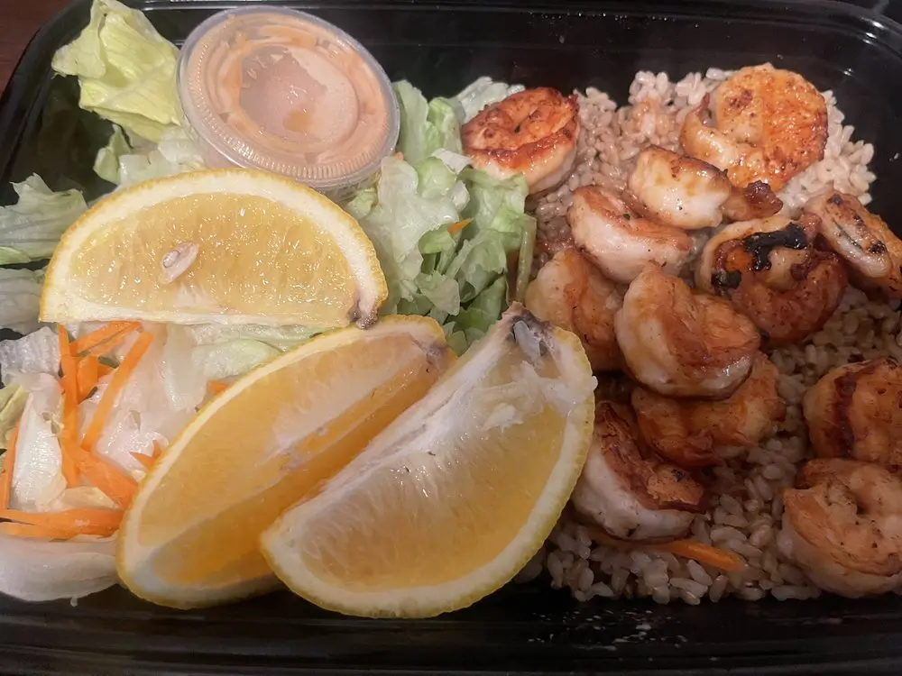 Grilled shrimp plate with rice lemon and salad at Yummy Hawaiian BBQ, a Hawaiian Restaurant in Antioch