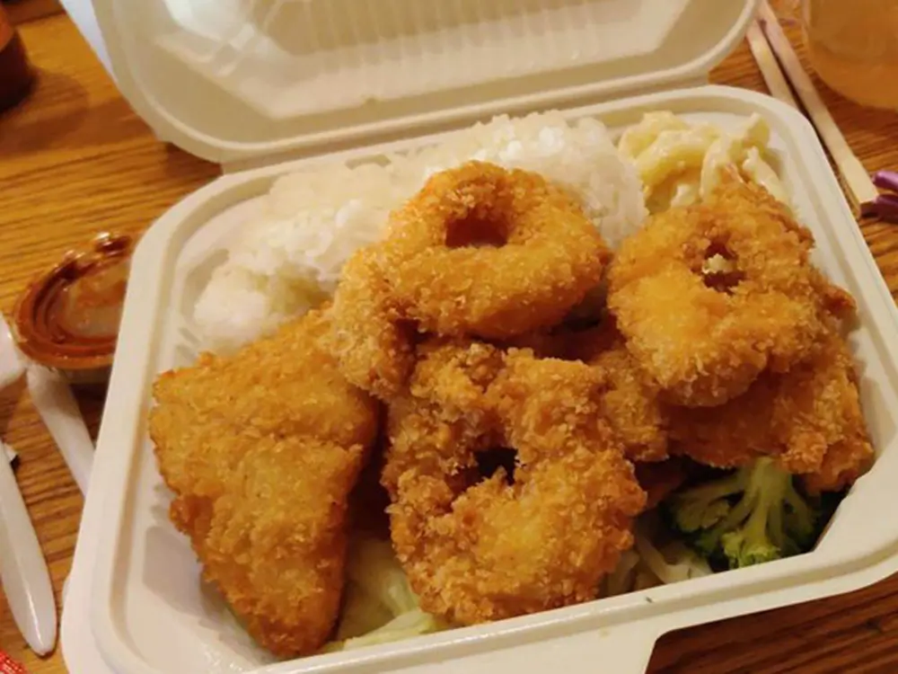 Fried seafood platter with rice and broccoli at Yummy Hawaiian BBQ, a Hawaiian Restaurant in Antioch